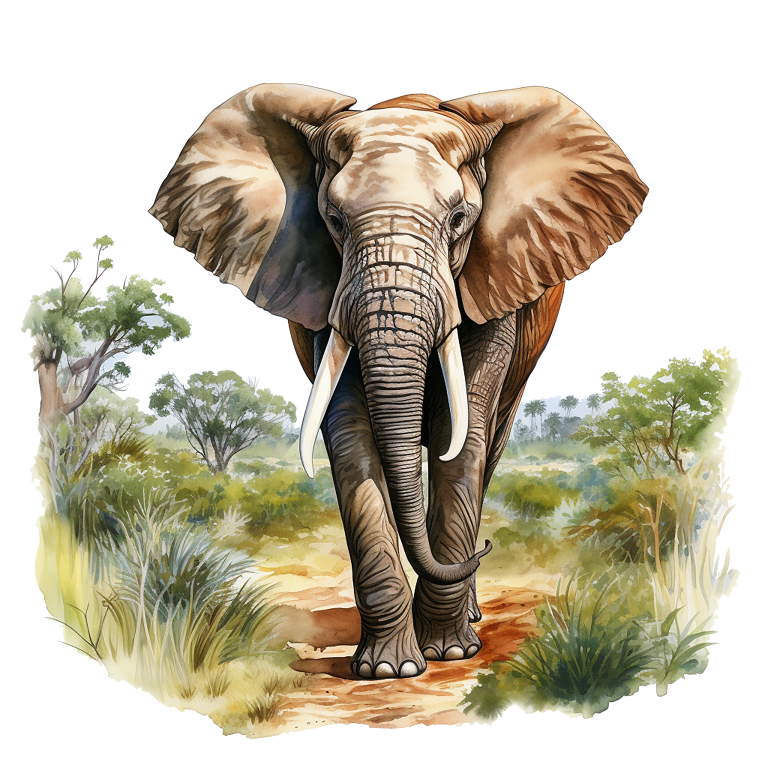 Illustration of an elephant in a natural setting with trees and grass.