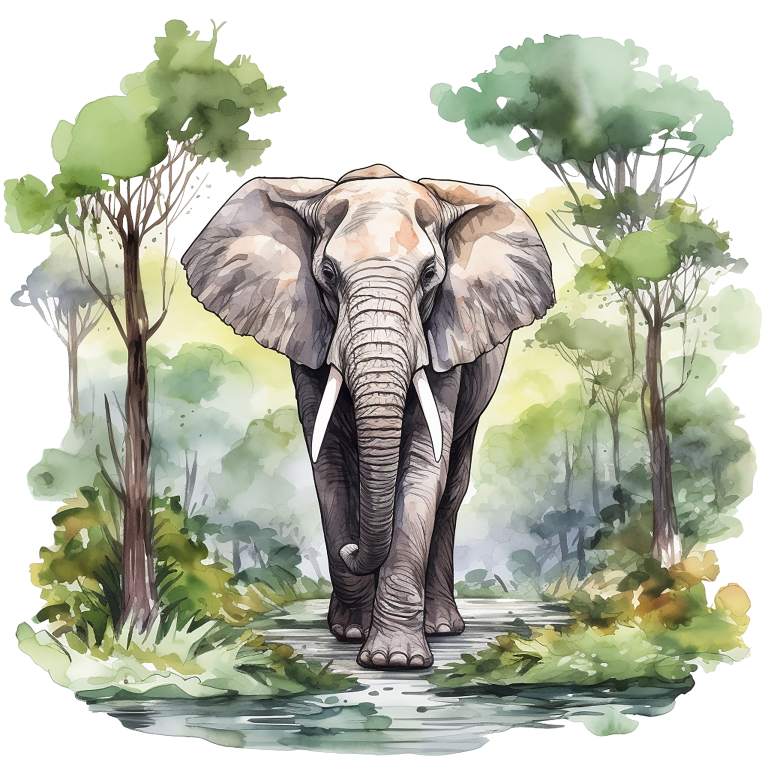 Illustration of an elephant walking through a forest with trees and foliage. vinyl sticker.