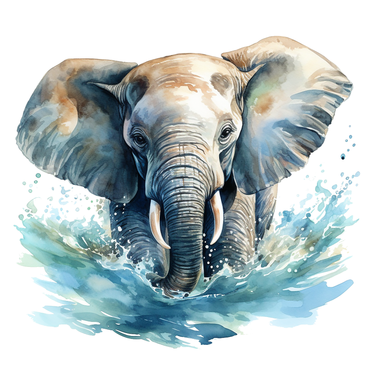 Watercolor painting of an elephant emerging from water with a white background vinyl sticker.