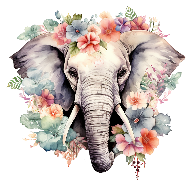 Illustration of an elephant surrounded by colorful flowers and leaves on a white background vinyl sticker.