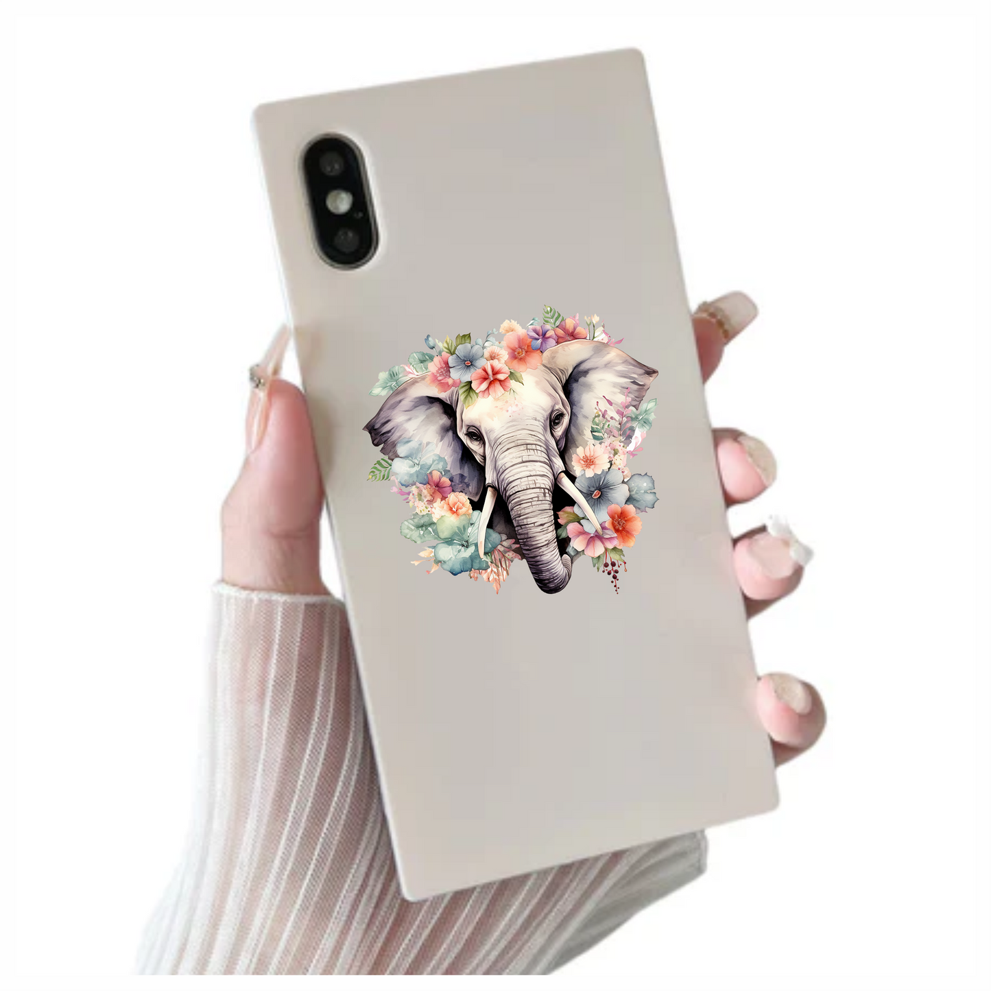 Elephant Head Surrounded By Blue Flowers Vinyl Decal Sticker