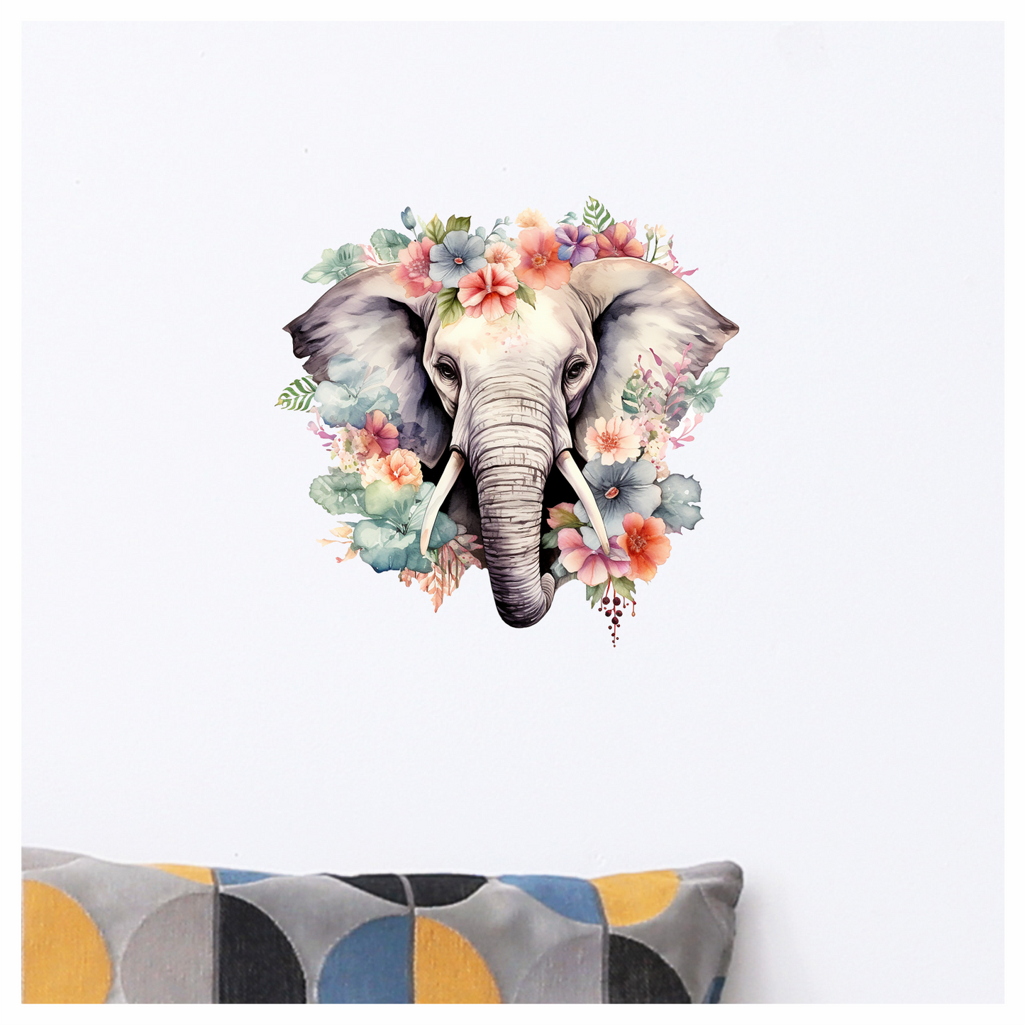 Elephant Head Surrounded By Blue Flowers Vinyl Decal Sticker