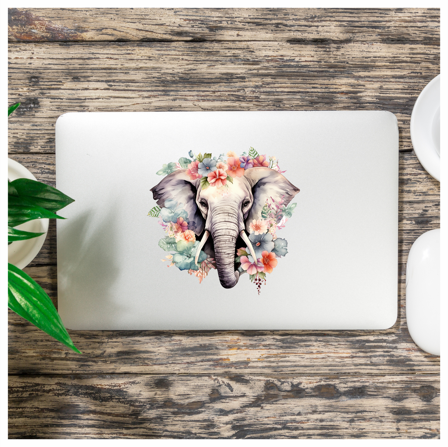 Elephant Head Surrounded By Blue Flowers Vinyl Decal Sticker