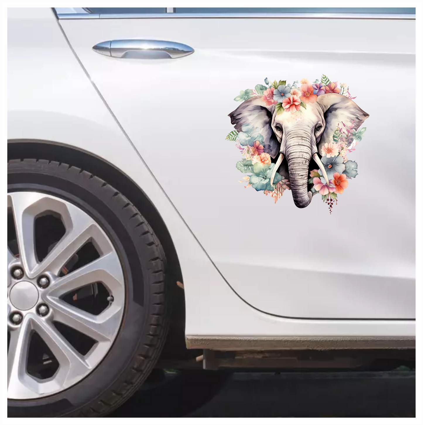 Elephant Head Surrounded By Blue Flowers Vinyl Decal Sticker
