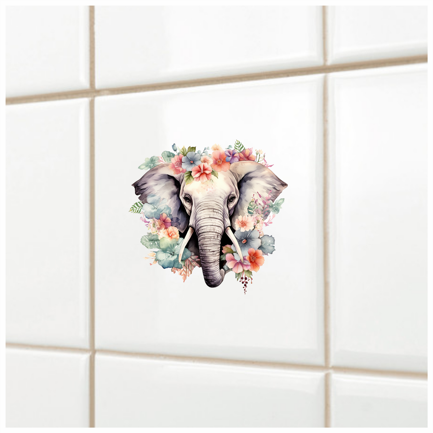 Elephant Head Surrounded By Blue Flowers Vinyl Decal Sticker