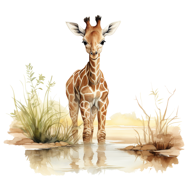 Illustration of a giraffe standing in water with grass and rocks on a white background vinyl sticker.