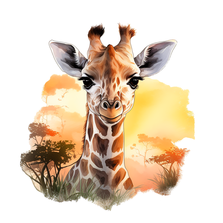 Giraffe illustration with a sunset landscape in the background vinyl sticker.