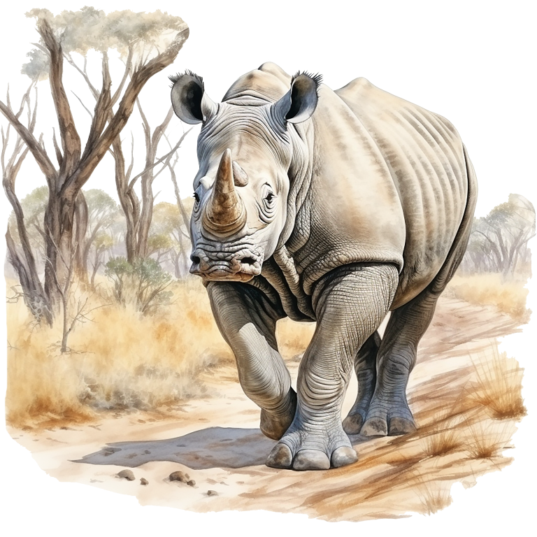 Illustration of a rhinoceros in a natural setting with trees and dry grass. vinyl sticker.