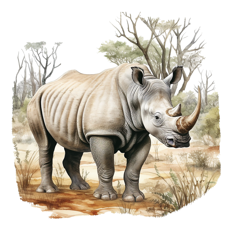 Illustration of a rhinoceros in a natural setting with trees and grass. vinyl sticker.