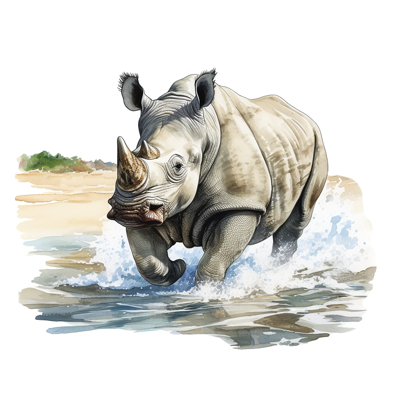 Illustration of a rhinoceros running through water with a natural landscape in the background. vinyl sticker.