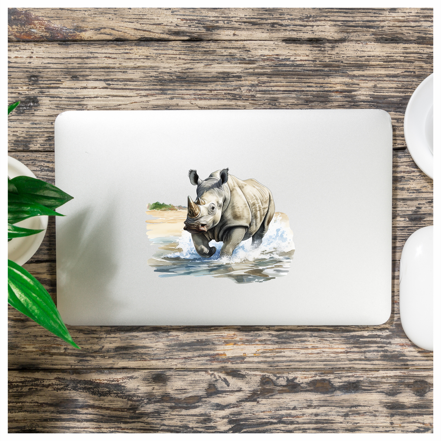 White Rhinoceros Running Through Water Vinyl Decal Sticker