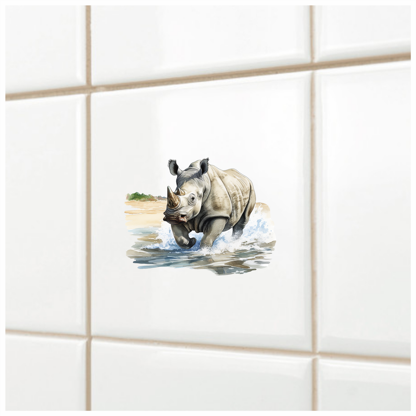 White Rhinoceros Running Through Water Vinyl Decal Sticker