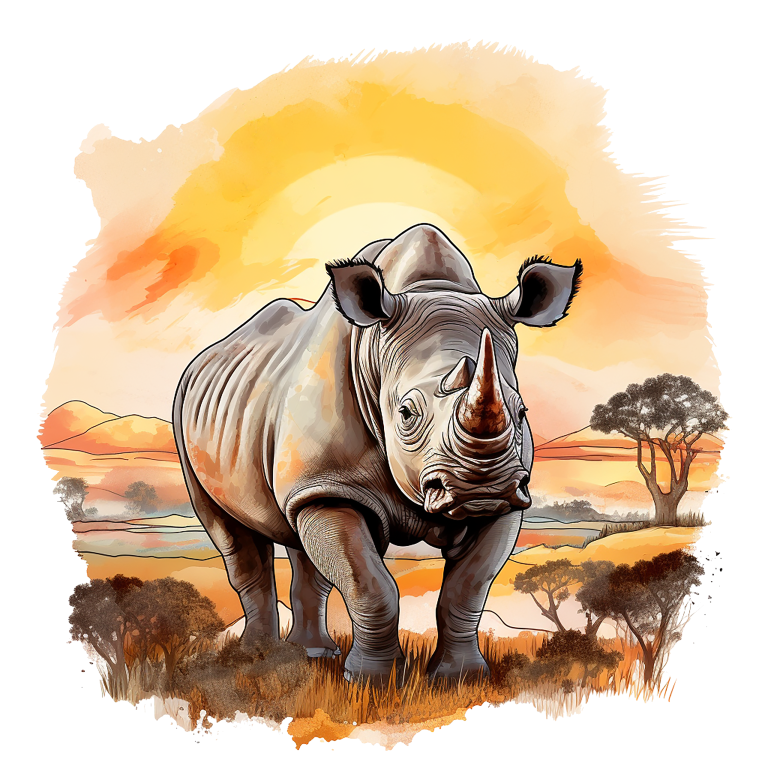 Illustration of a rhinoceros in a savanna landscape with a sunset. vinyl sticker.