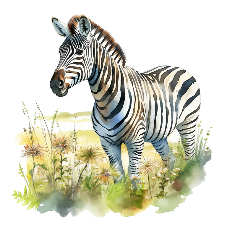 Zebra standing in a grassy field with flowers on a white background vinyl sticker.