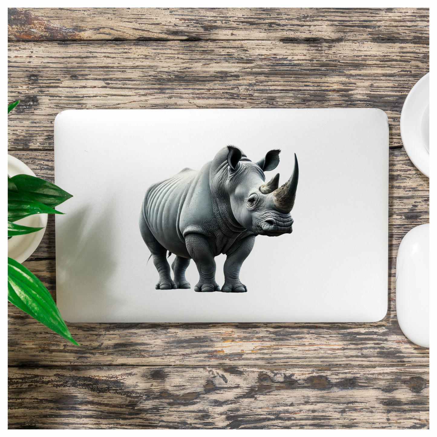 White Rhinoceros Standing Strong Vinyl Sticker Decal.
