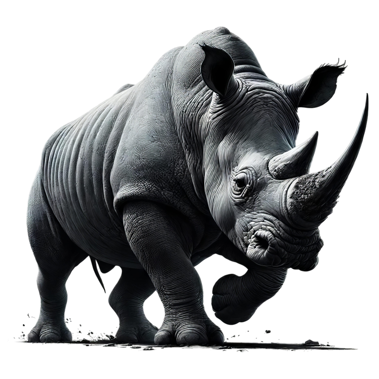 Black and white image of a rhinoceros on a white background vinyl sticker.
