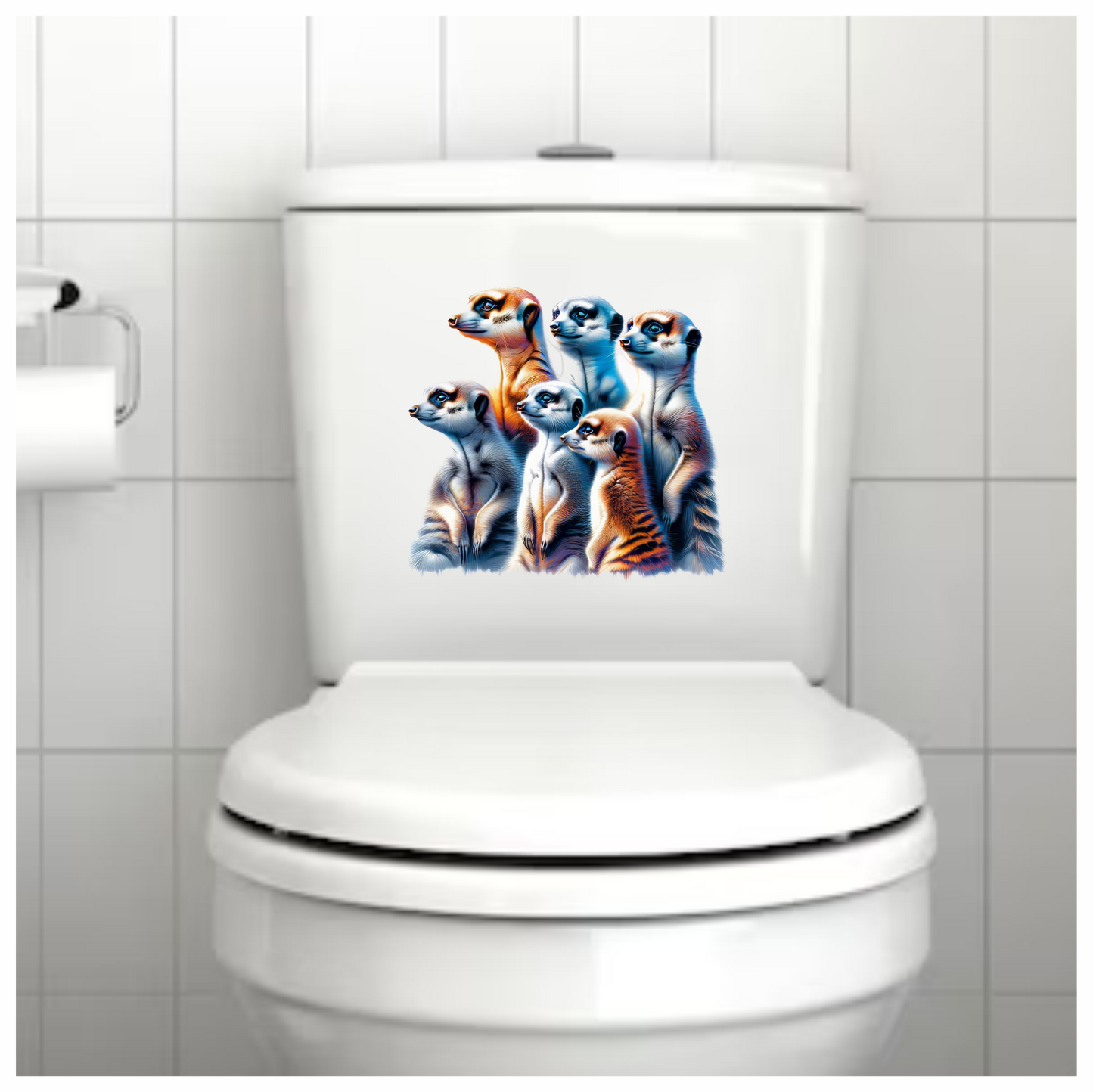 Six Meerkats Standing Together Orange Vinyl Sticker Decal.