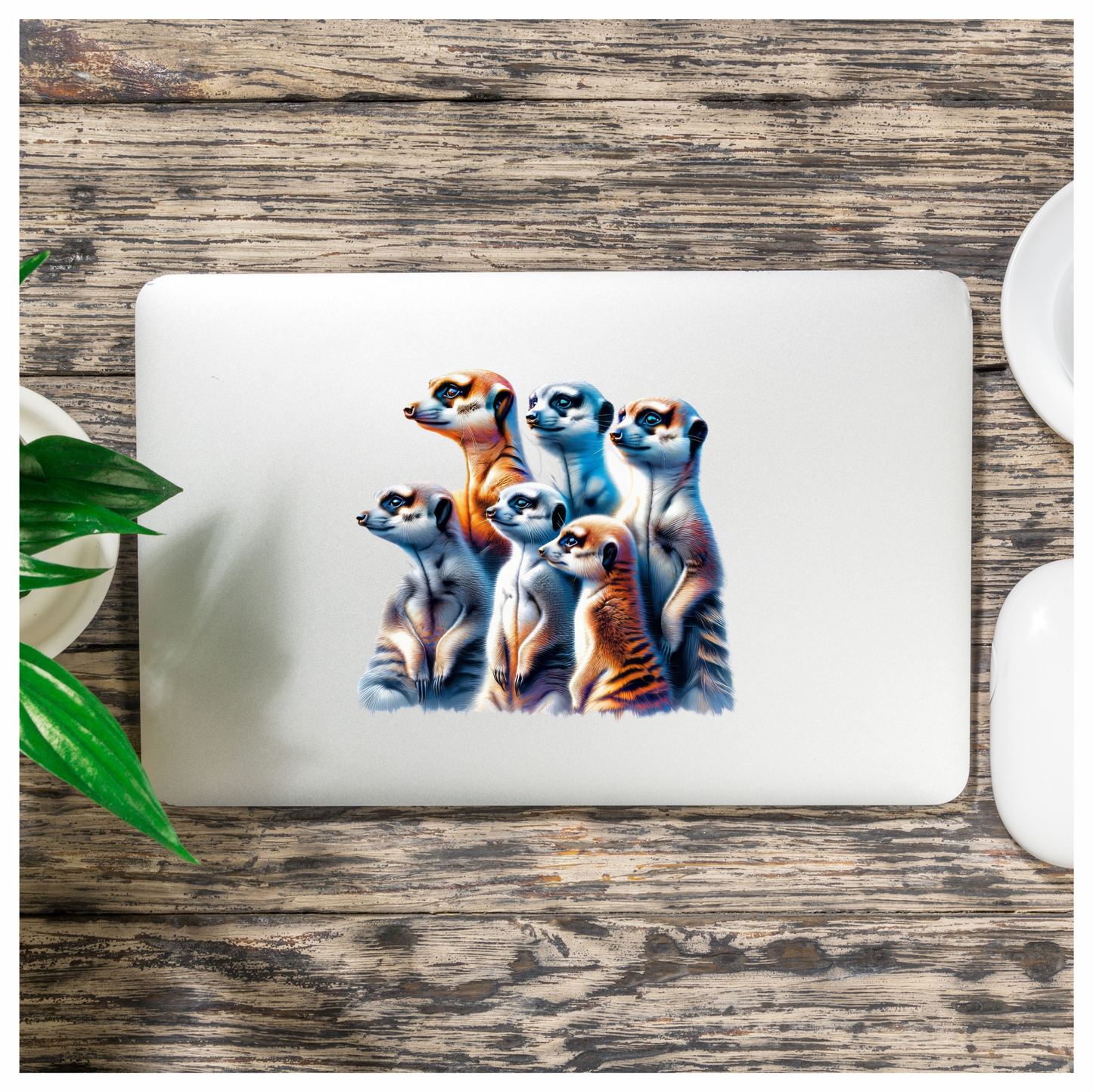 Six Meerkats Standing Together Orange Vinyl Sticker Decal.