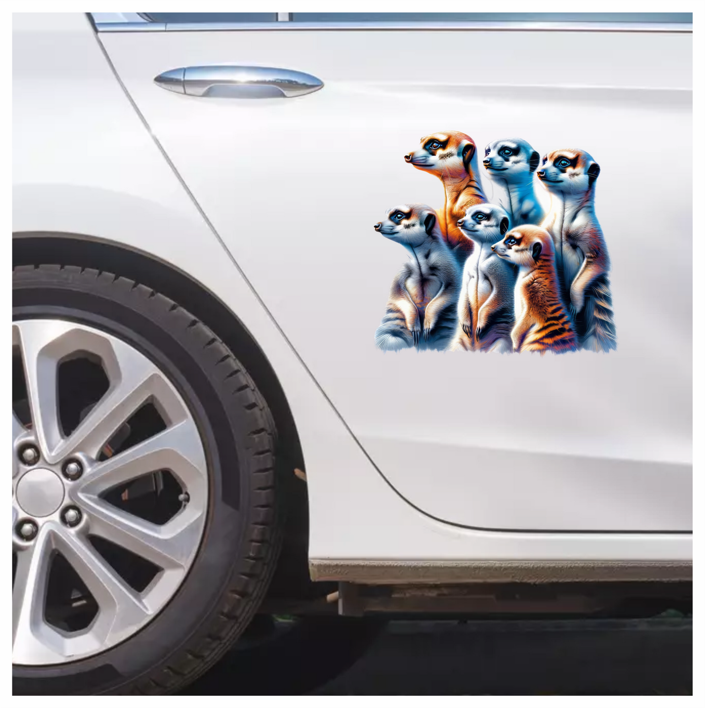 Six Meerkats Standing Together Orange Vinyl Sticker Decal.