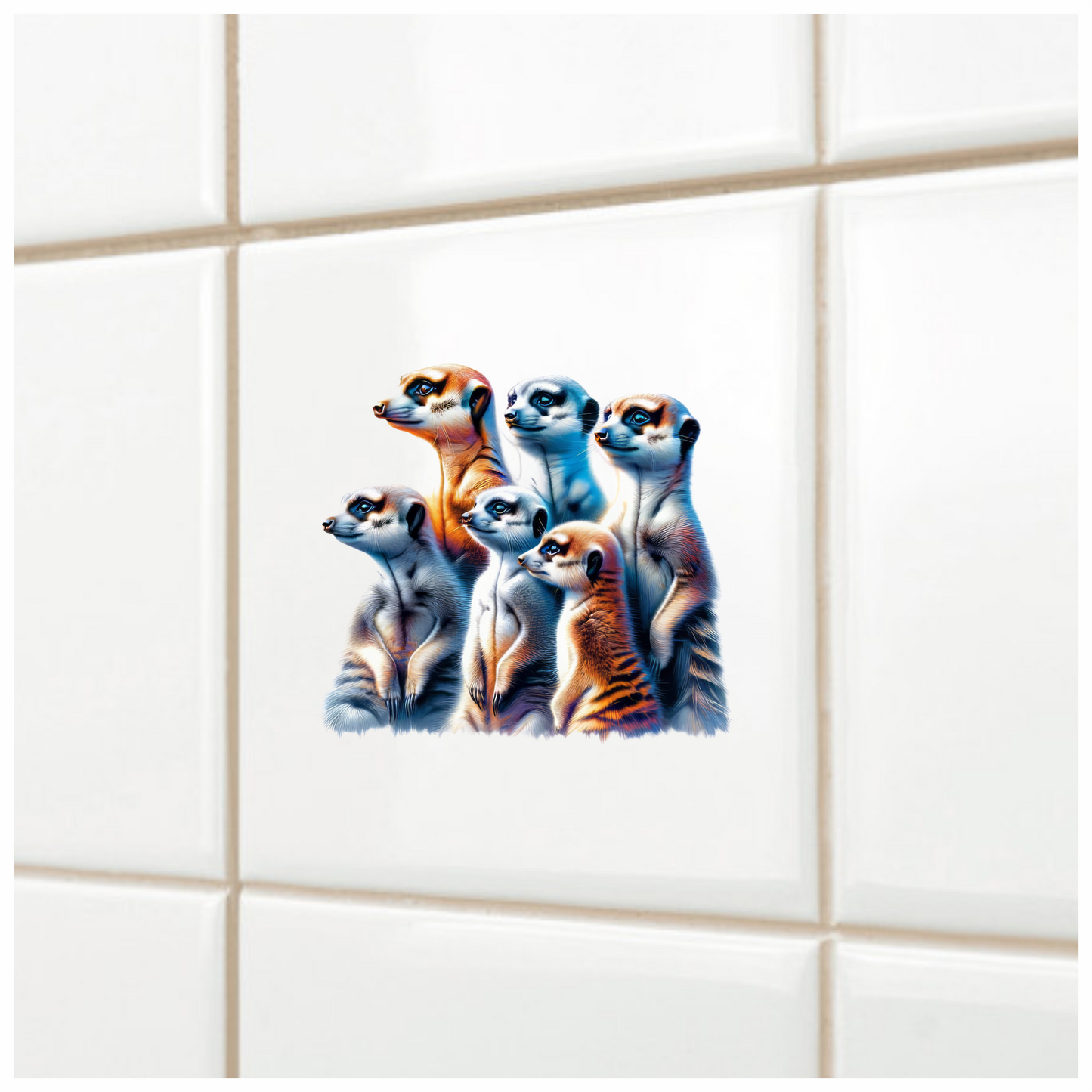 Six Meerkats Standing Together Orange Vinyl Sticker Decal.