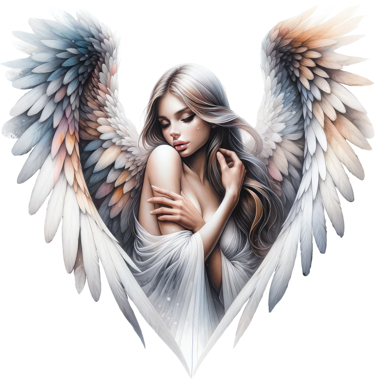 Artistic depiction of a angel with colorful wings on a white background vinyl sticker.