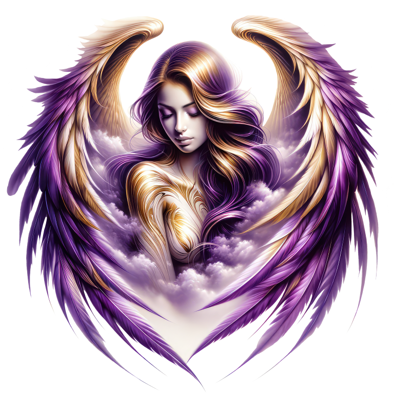 Artistic depiction of a woman with angel wings in purple and gold on a white background vinyl sticker.