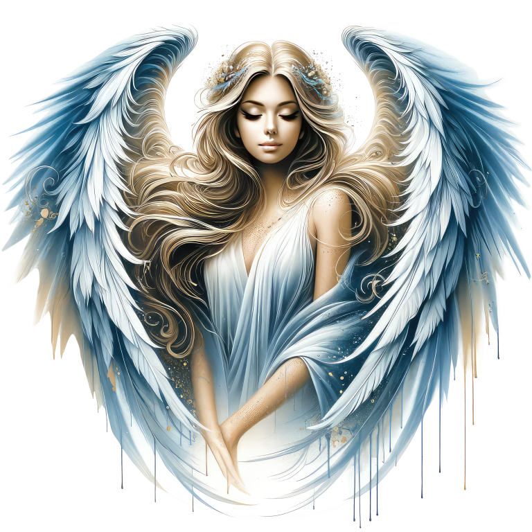 Artistic depiction of an angel with blue wings and flowing hair on a white background vinyl sticker.