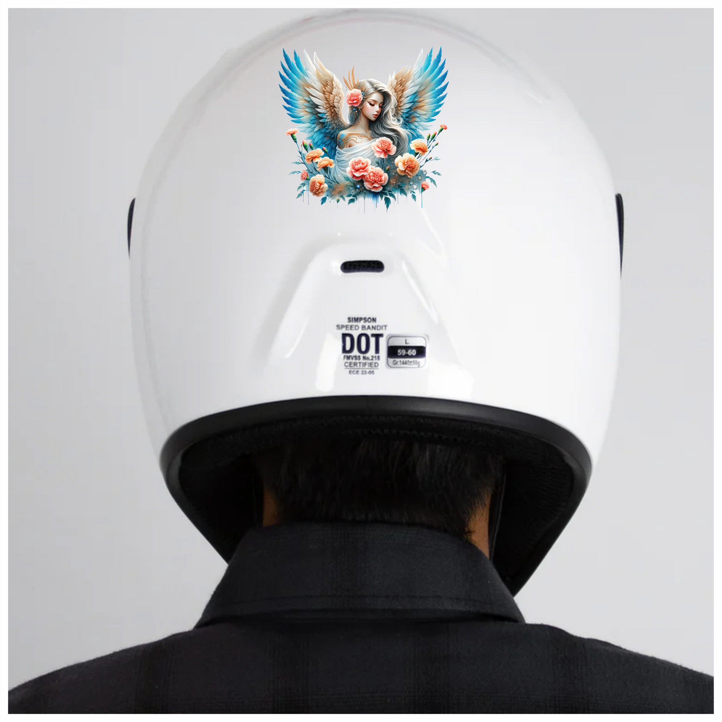 Angel With Blue Wings And Flowers Vinyl Sticker Decal.