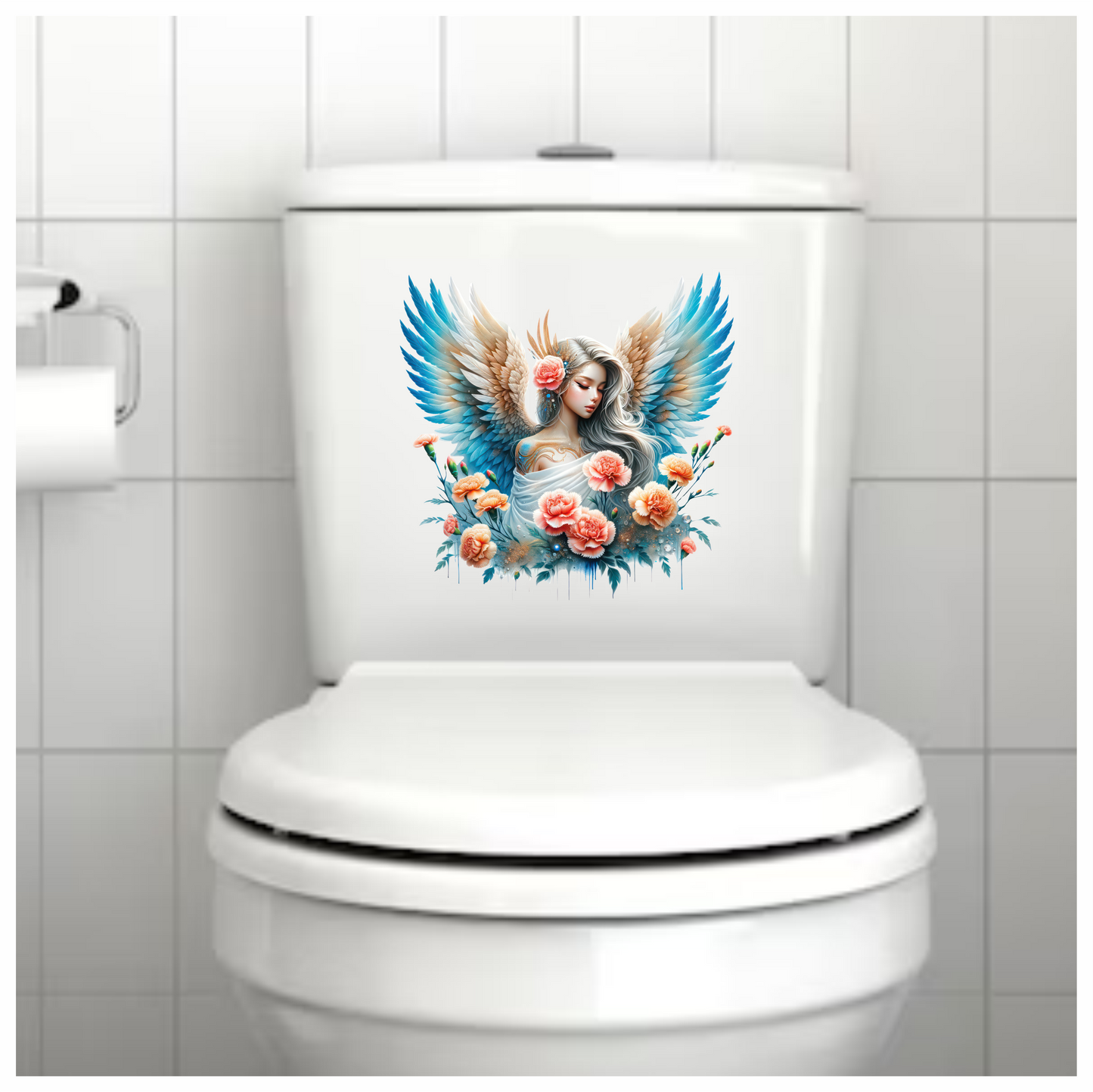 Angel With Blue Wings And Flowers Vinyl Sticker Decal.