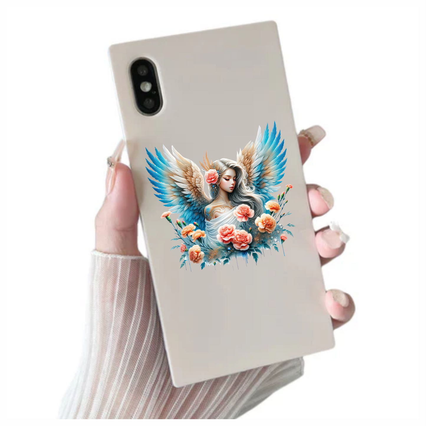 Angel With Blue Wings And Flowers Vinyl Sticker Decal.