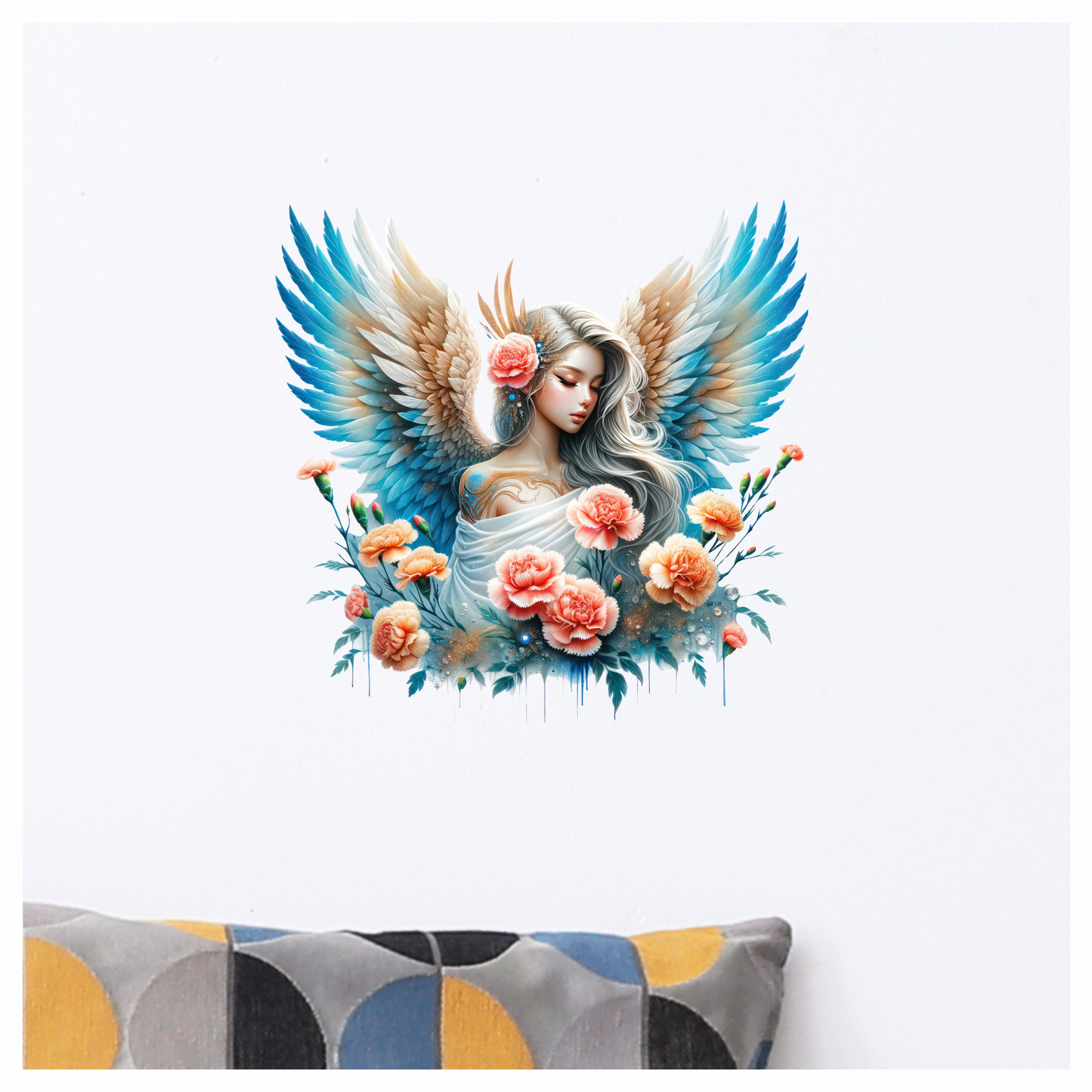 Angel With Blue Wings And Flowers Vinyl Sticker Decal.