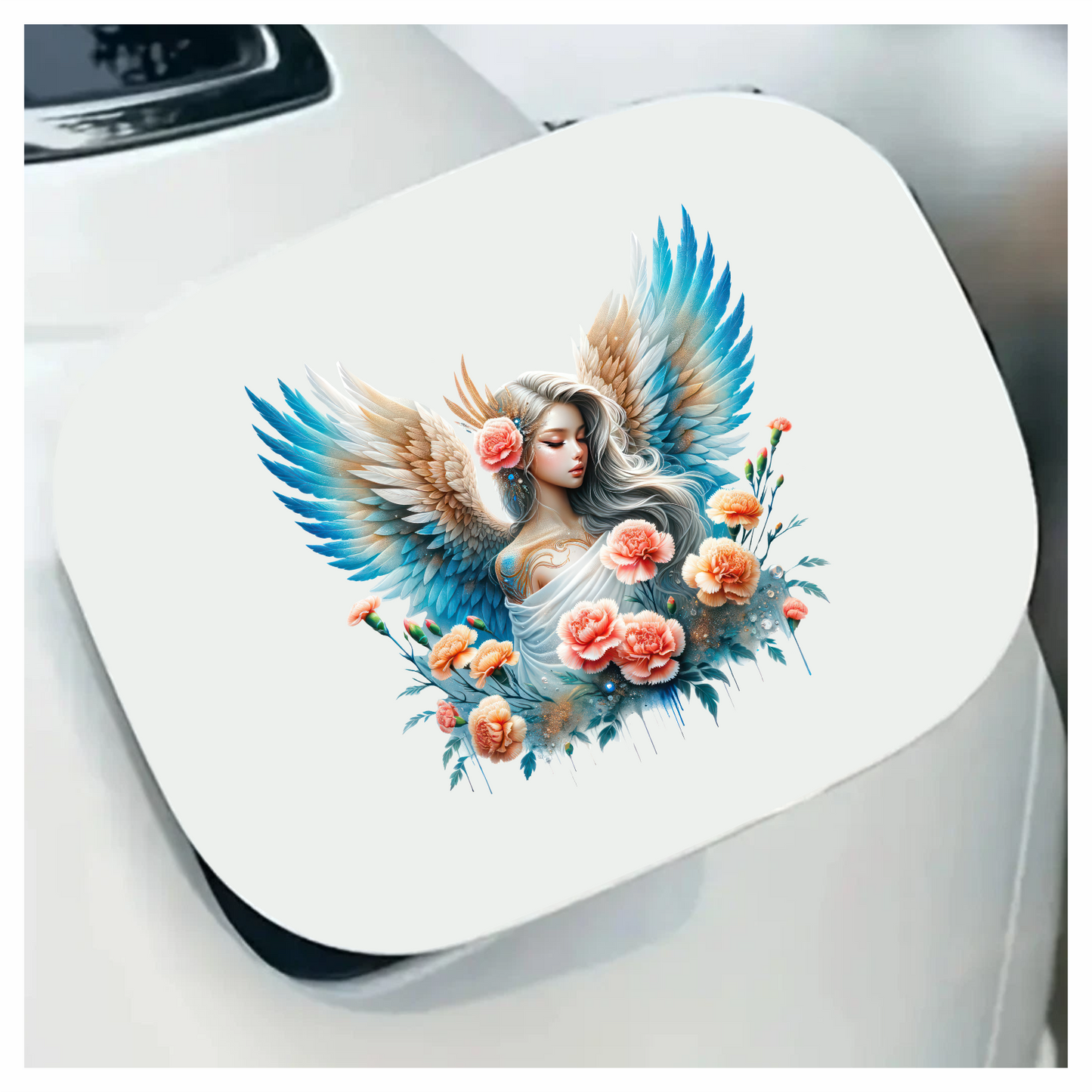 Angel With Blue Wings And Flowers Vinyl Sticker Decal.