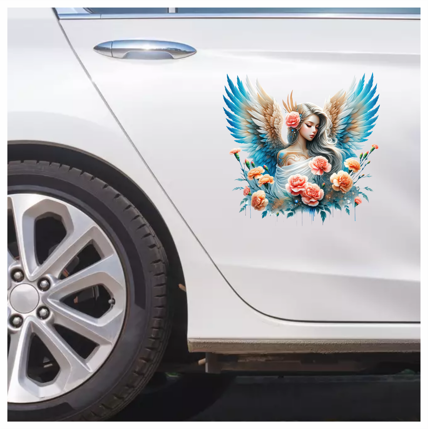 Angel With Blue Wings And Flowers Vinyl Sticker Decal.