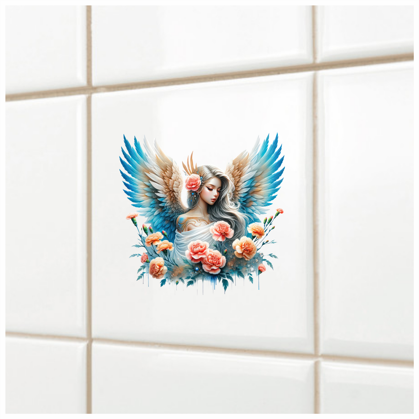 Angel With Blue Wings And Flowers Vinyl Sticker Decal.