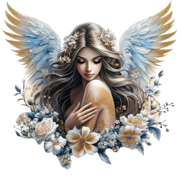 Angelic figure with wings and flowers on a white background vinyl sticker.