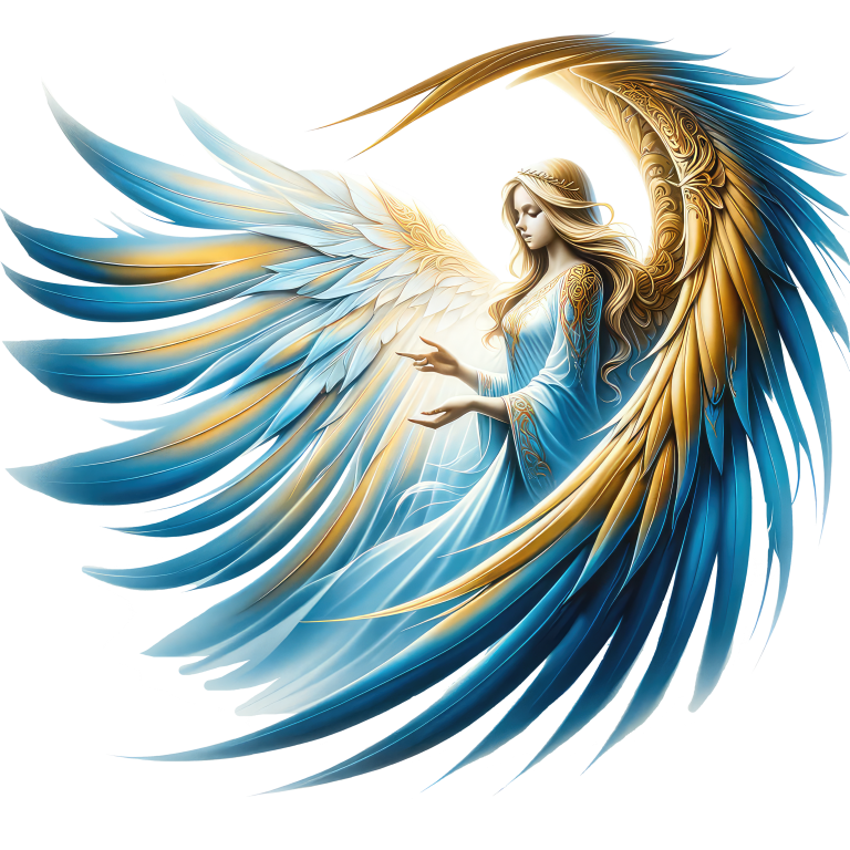 Angel with blue and gold wings holding a light source on a white background vinyl sticker.