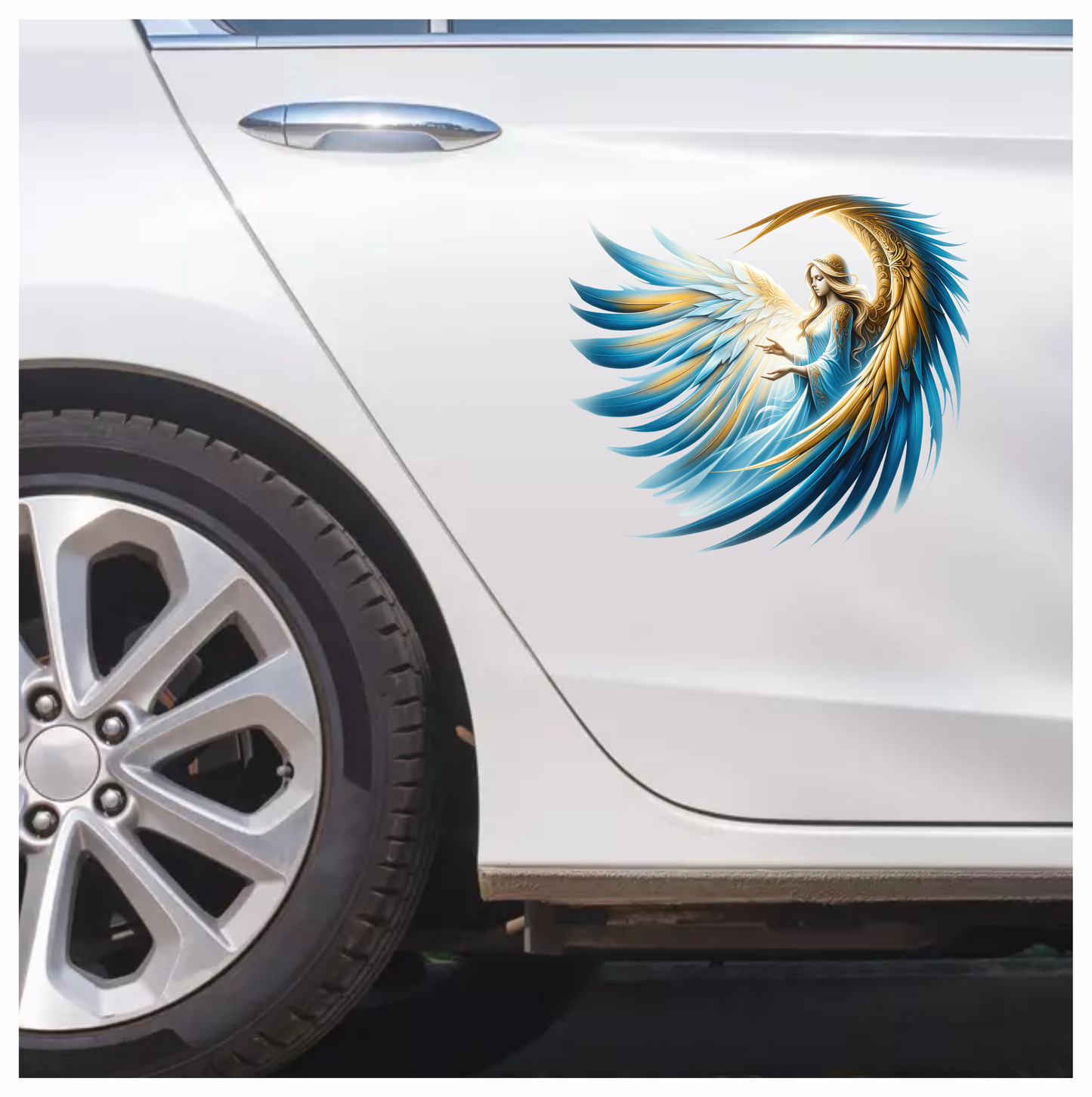 Angel With Blue Wings Gracefully Flying Vinyl Sticker Decal.