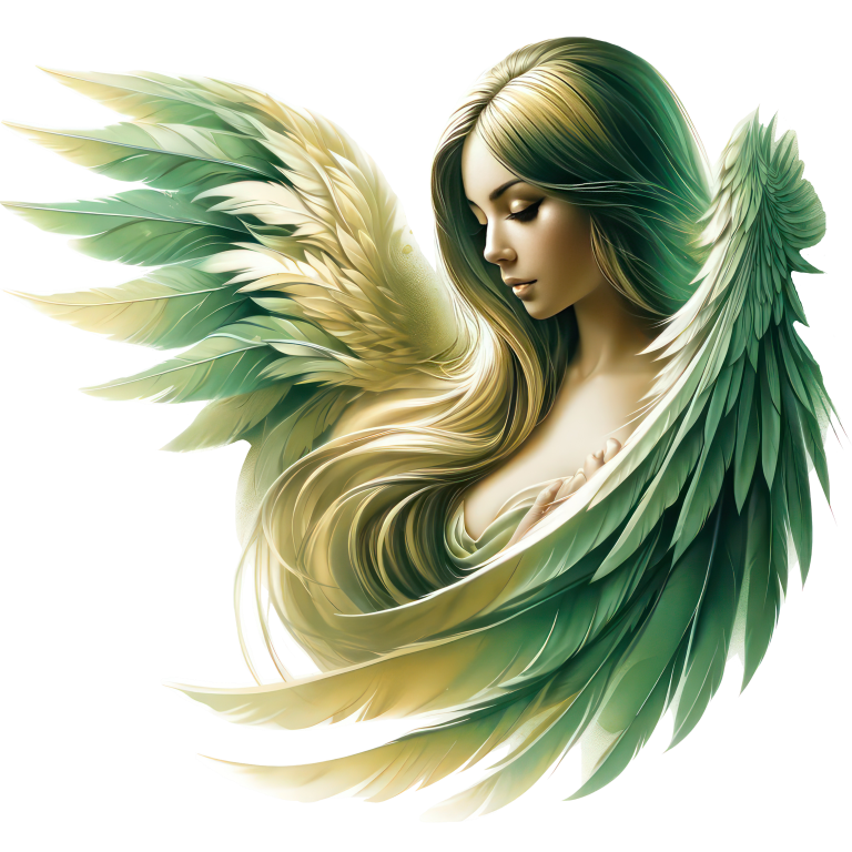 Artistic depiction of a woman with green and gold wings on a white background vinyl sticker.