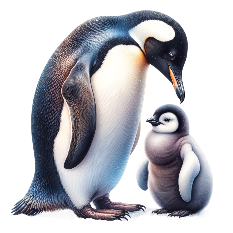 Illustration of an adult penguin and a juvenile penguin on a white background vinyl sticker.