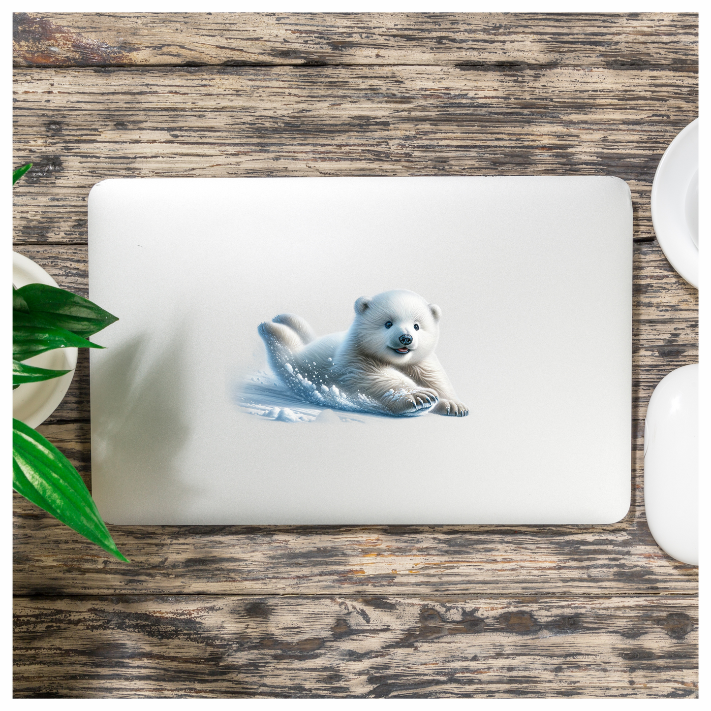 White Polar Bear Cub Sliding Snow Vinyl Sticker Decal