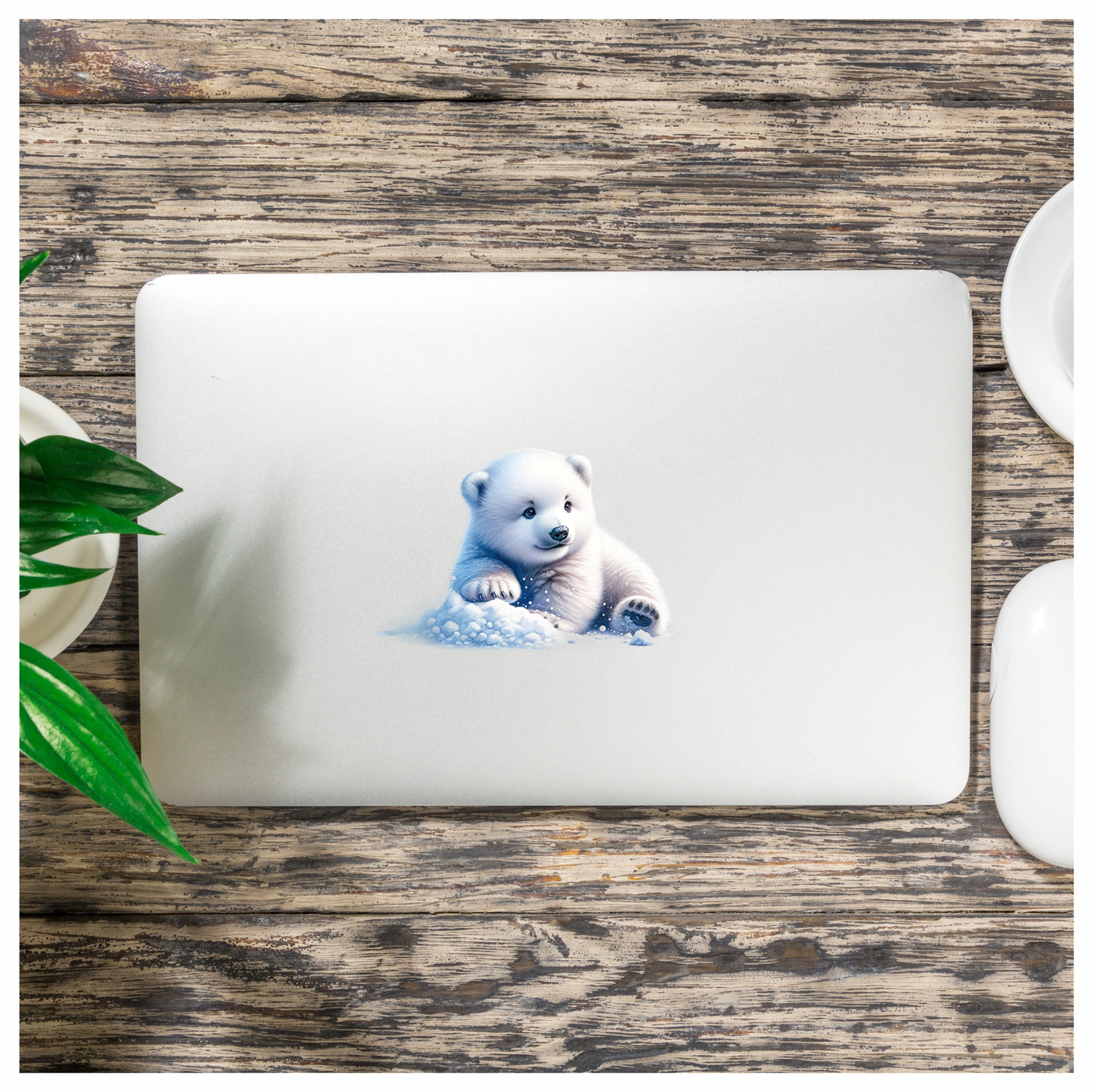 White Polar Bear Cub Sitting Snow Vinyl Sticker Decal