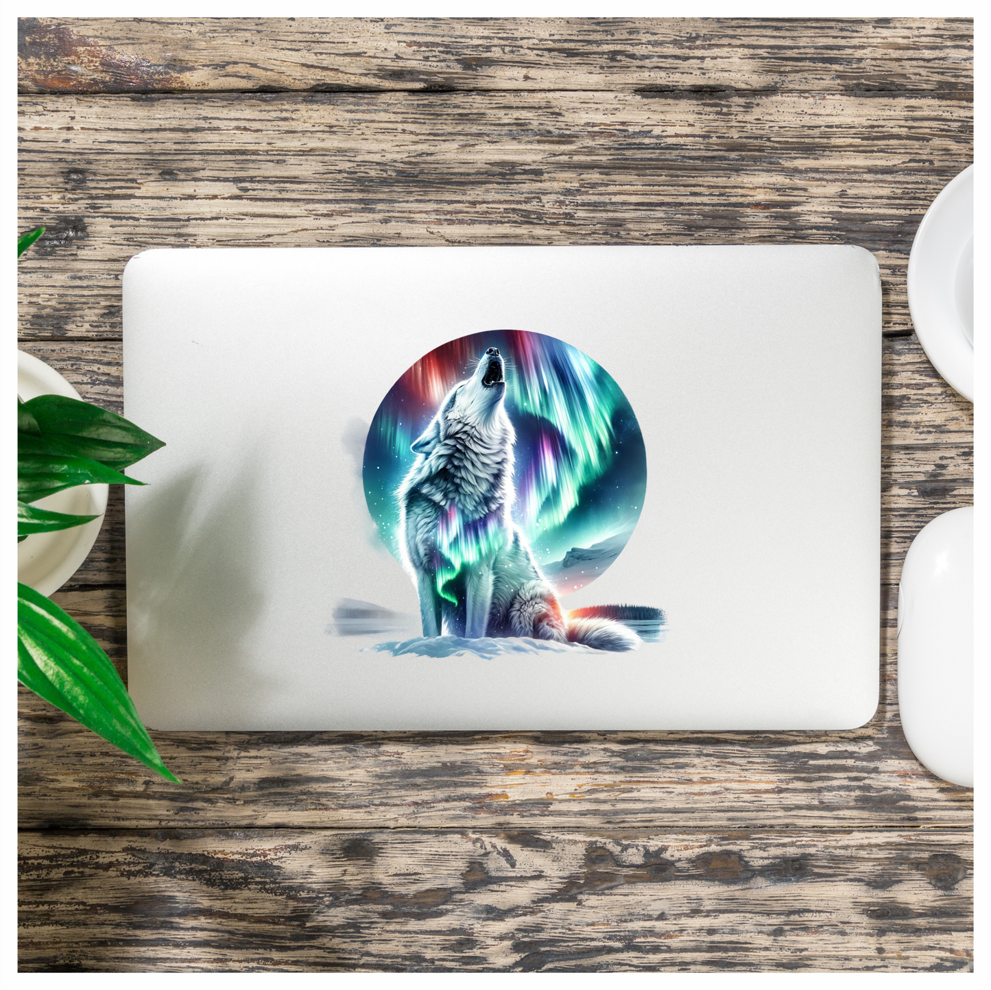 White Wolf Howling Under Northern Lights Vinyl Sticker Decal