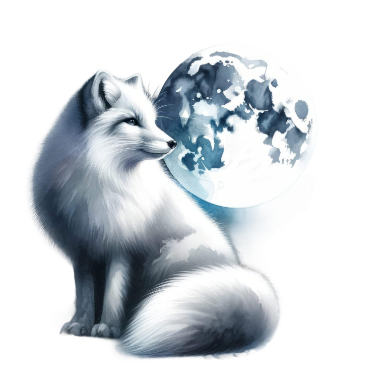 White Fox Sitting Beside Full Moon Vinyl Sticker Decal