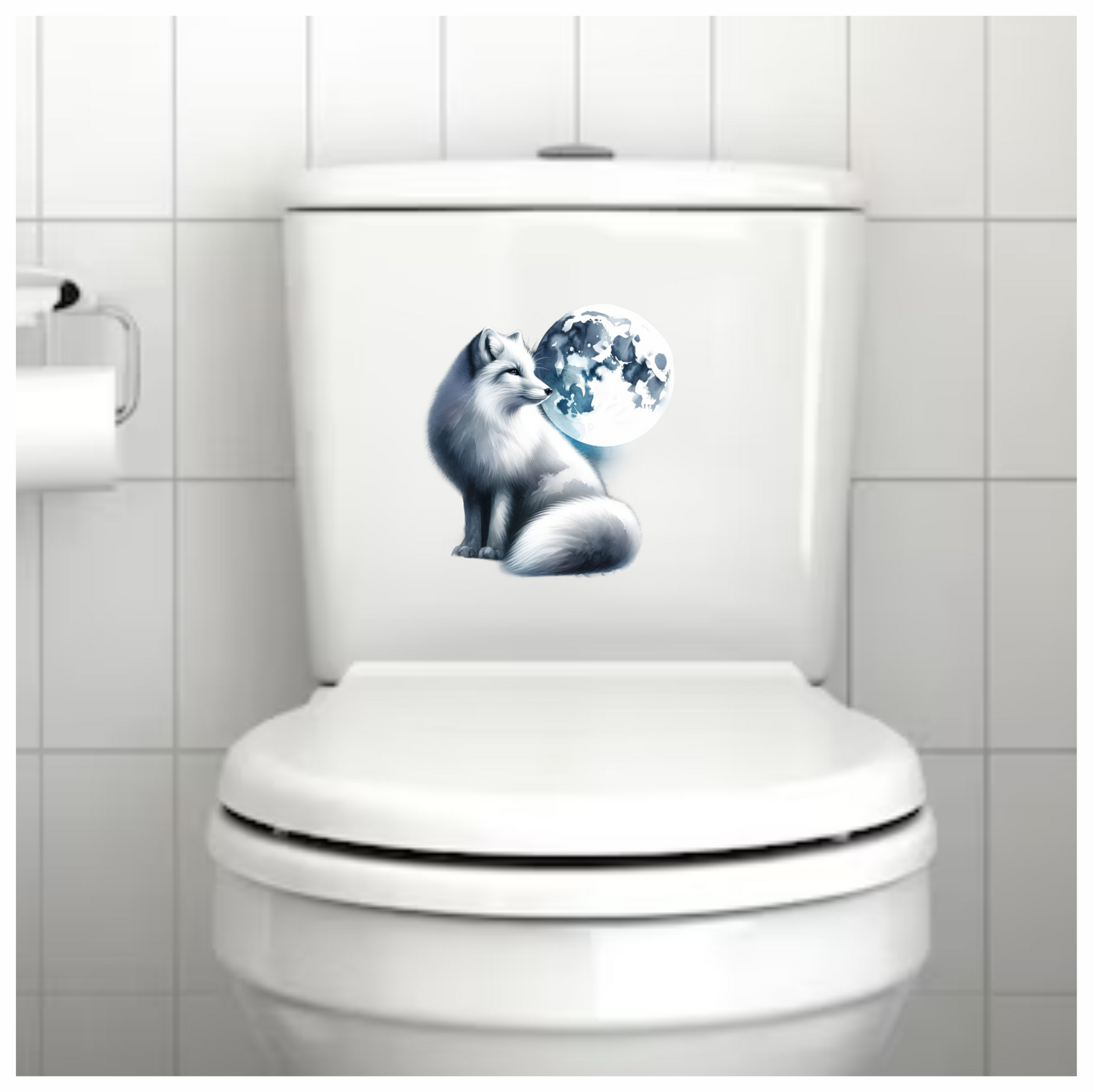 White Fox Sitting Beside Full Moon Vinyl Sticker Decal