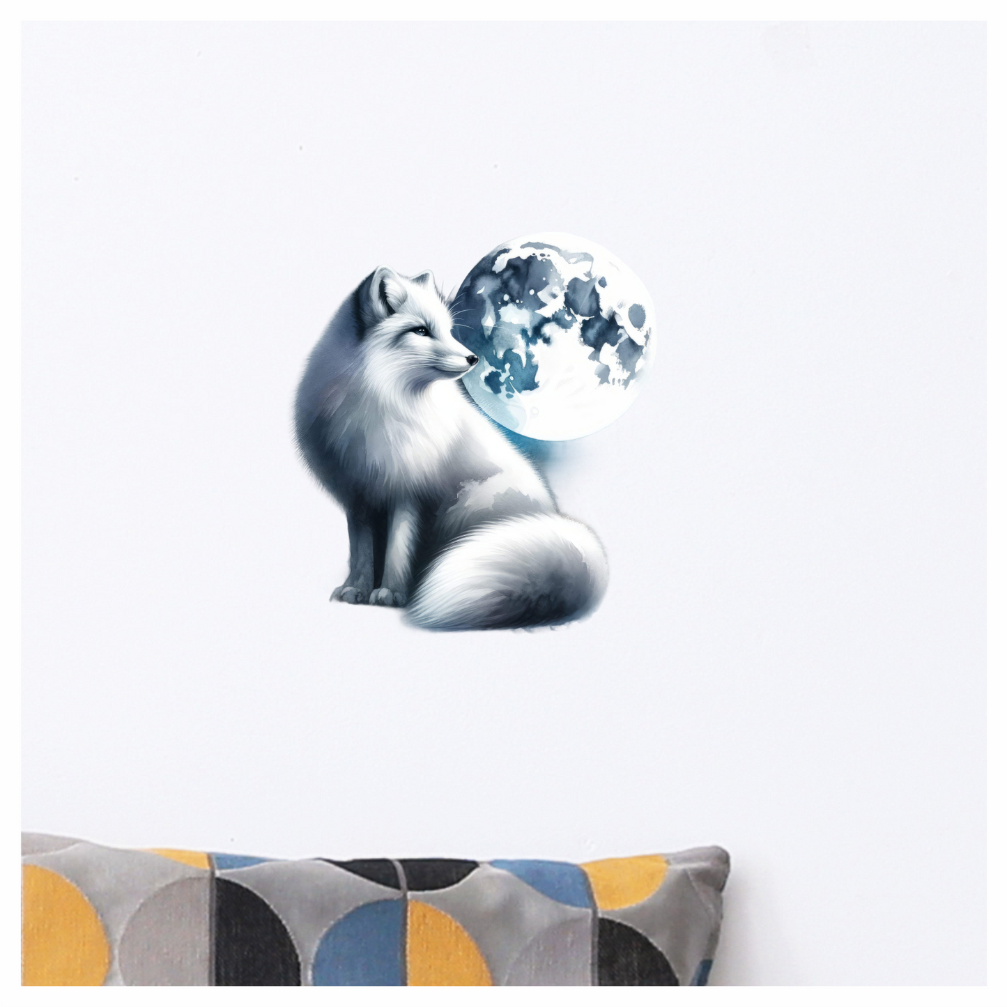White Fox Sitting Beside Full Moon Vinyl Sticker Decal