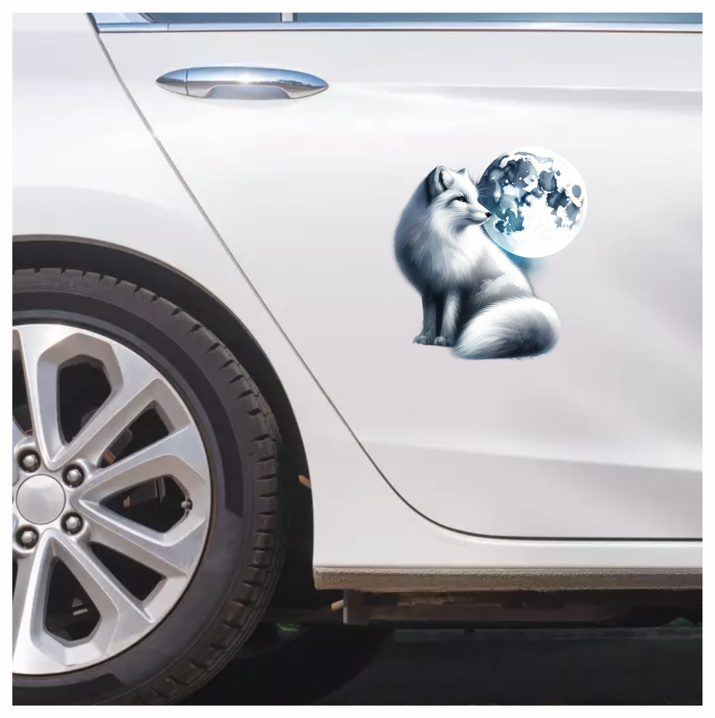 White Fox Sitting Beside Full Moon Vinyl Sticker Decal