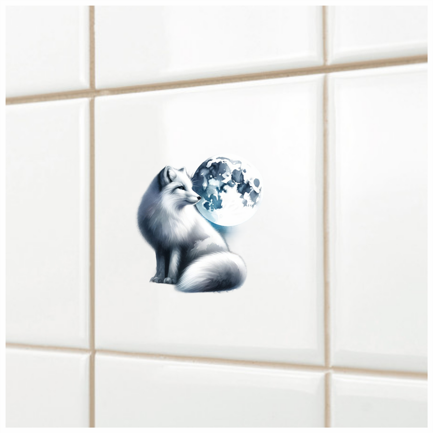 White Fox Sitting Beside Full Moon Vinyl Sticker Decal