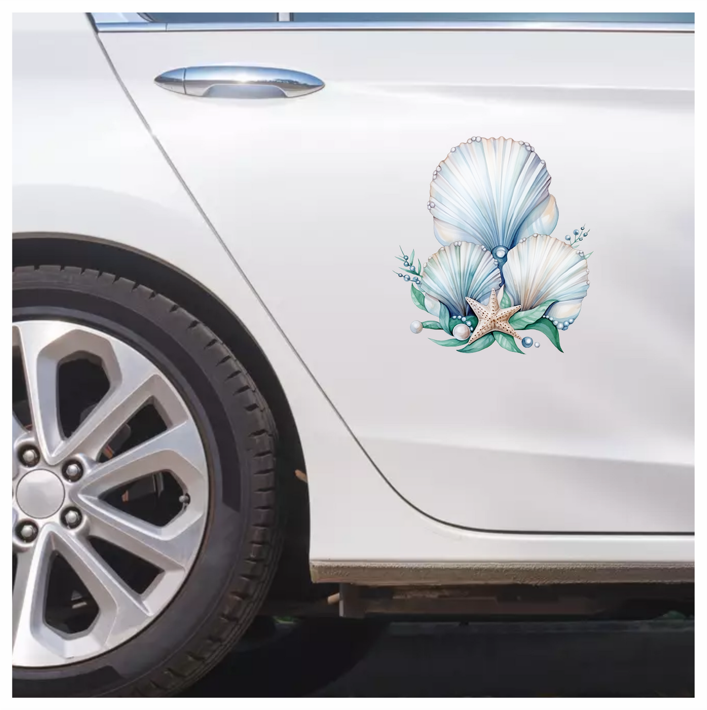Blue Seashells With Starfish And Pearls Vinyl Sticker Decal