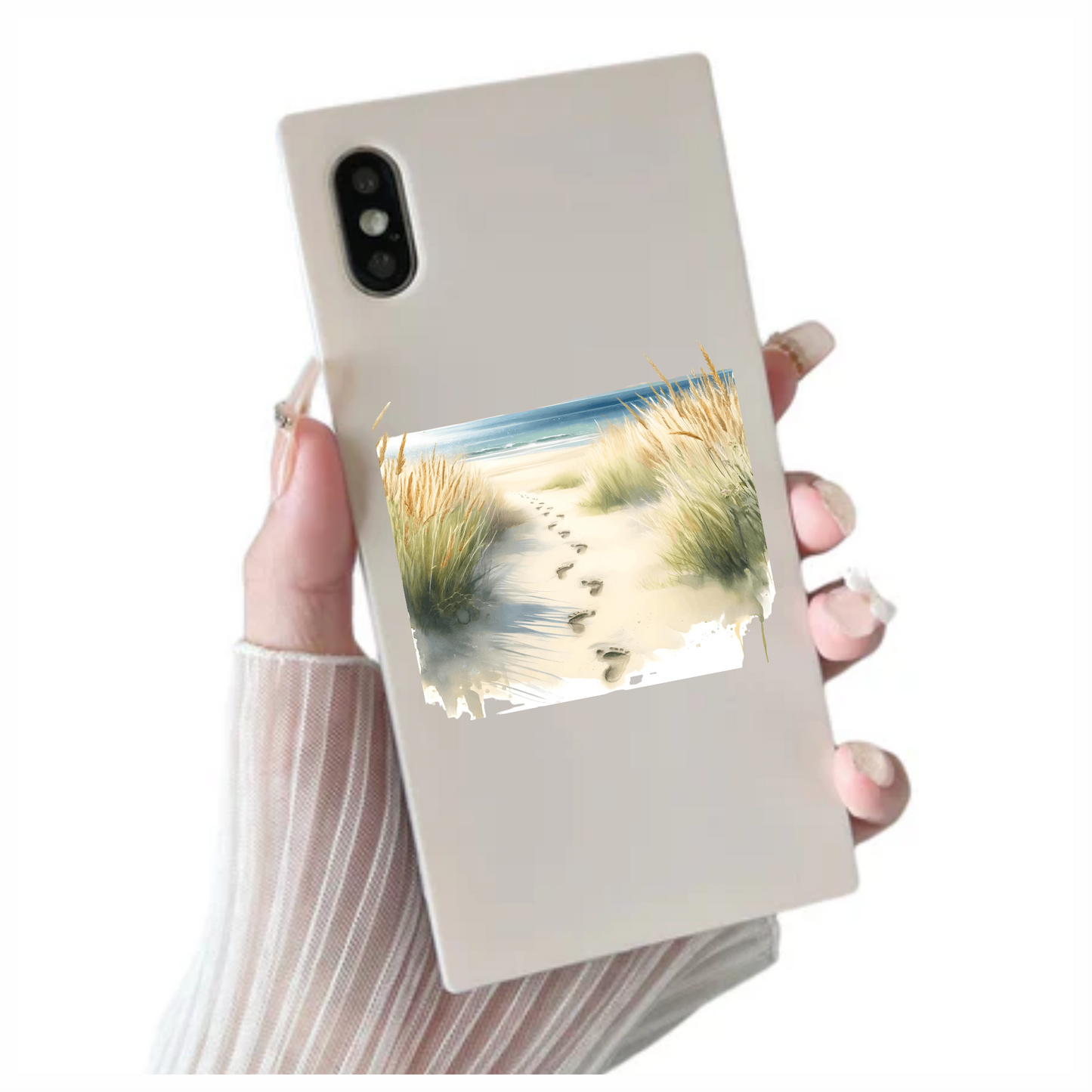 Beige Sand Footprints Leading To Ocean Vinyl Sticker Decal