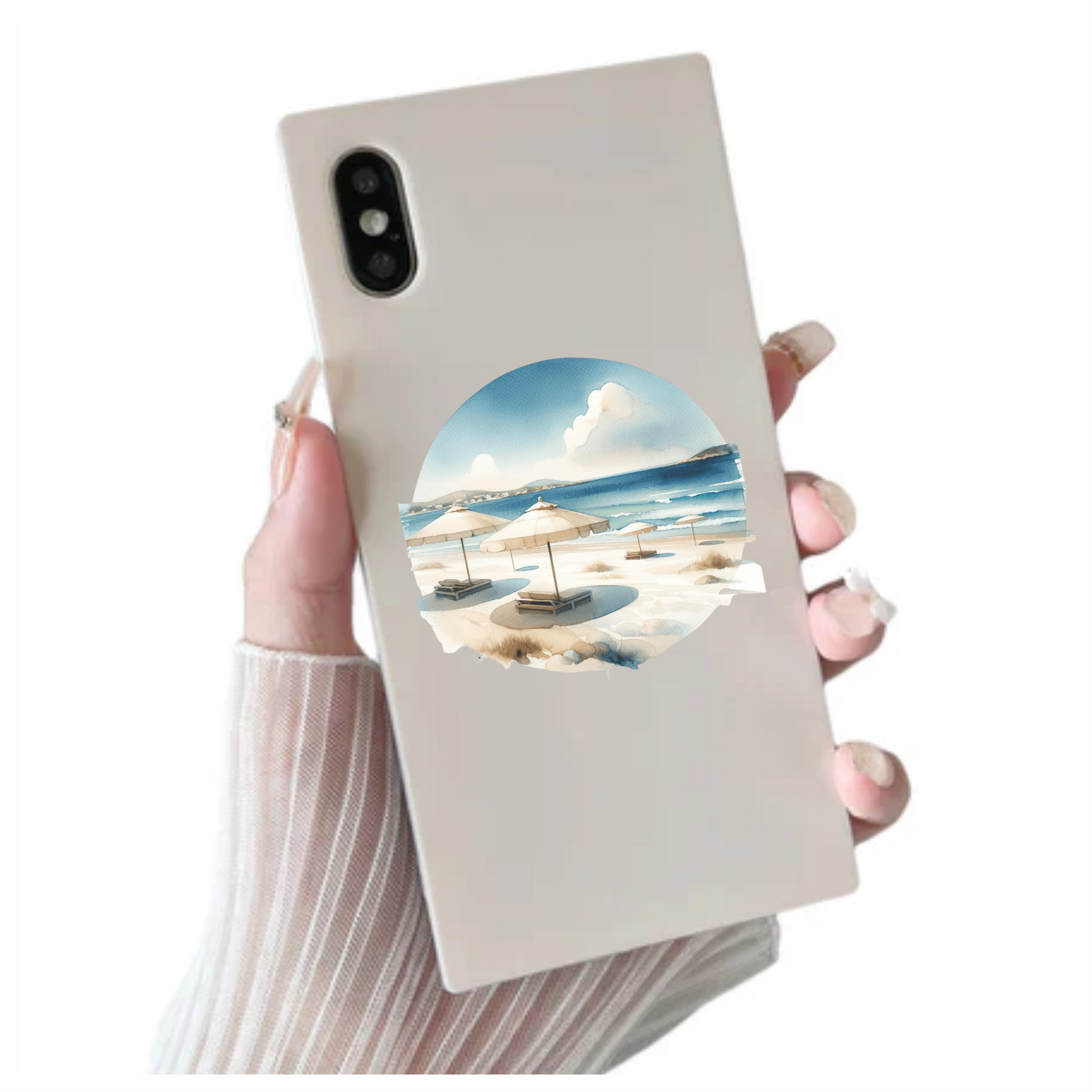 Blue Ocean Beach Umbrellas On Sand Vinyl Sticker Decal